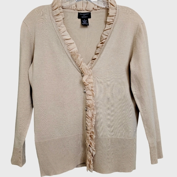 Nwot Philosophy by Republic Tan Ruffled 3/4 Sleeve Cardigan w/Silver Bead Button - Picture 8 of 15
